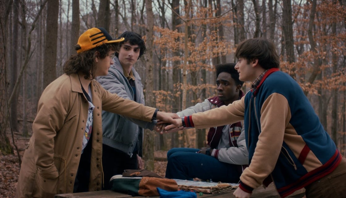 Dustin (Gaten Matarazzo), Mike (Finn Wolfhard), Lucas (Caleb McLaughlin), and Will (Noah Schnapp) in season 5 of Stranger Things