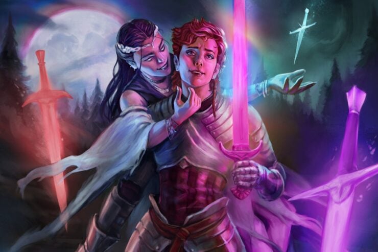 Detail from the cover of We’re Here: The Best Queer Speculative Fiction 2023; a sorcereress embraces a woman holding a sword