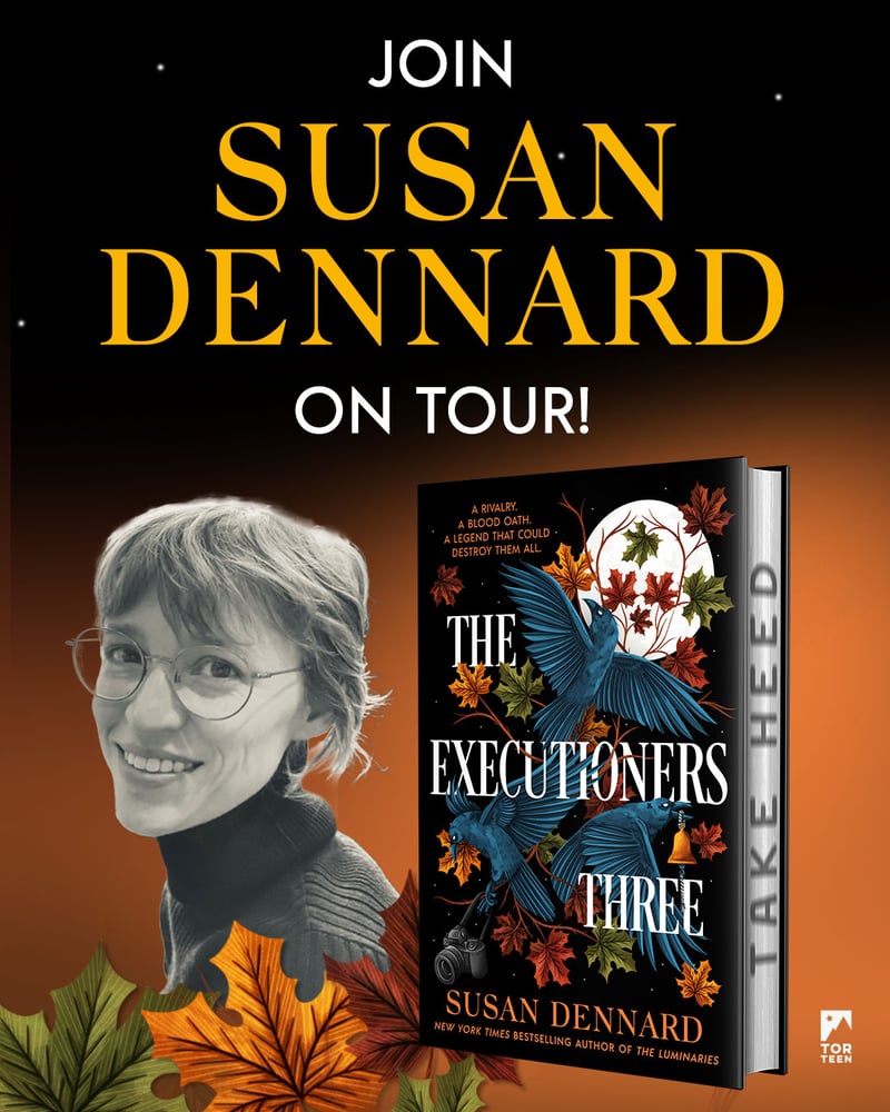 A tour graphic with an author photo of Susan Dennard and 3D book shot of the hardcover edition of The Executioners Three