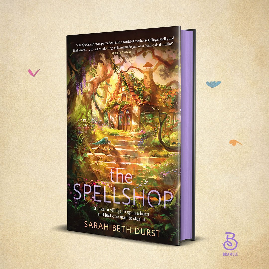 A 3D book shot of The Spellshop by Sarah Beth Durst—featuring lavender sprayed edges.