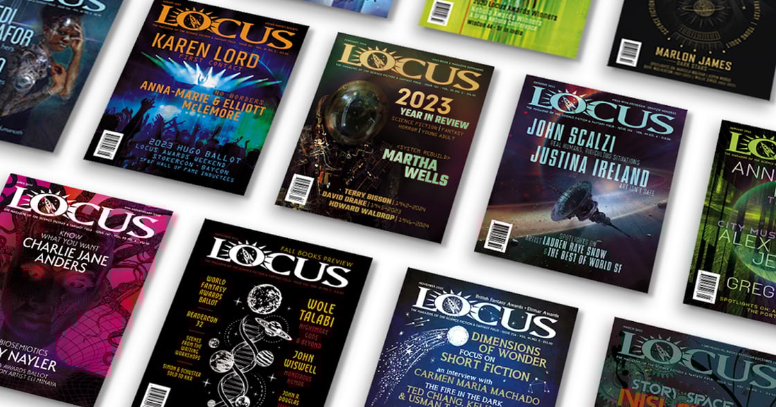 A spread of Locus Magazine covers