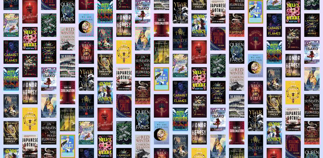 A collage of book covers, including Hell's Heart, Queen of Faces, The Body, The Poet Empress, and The Gravewood