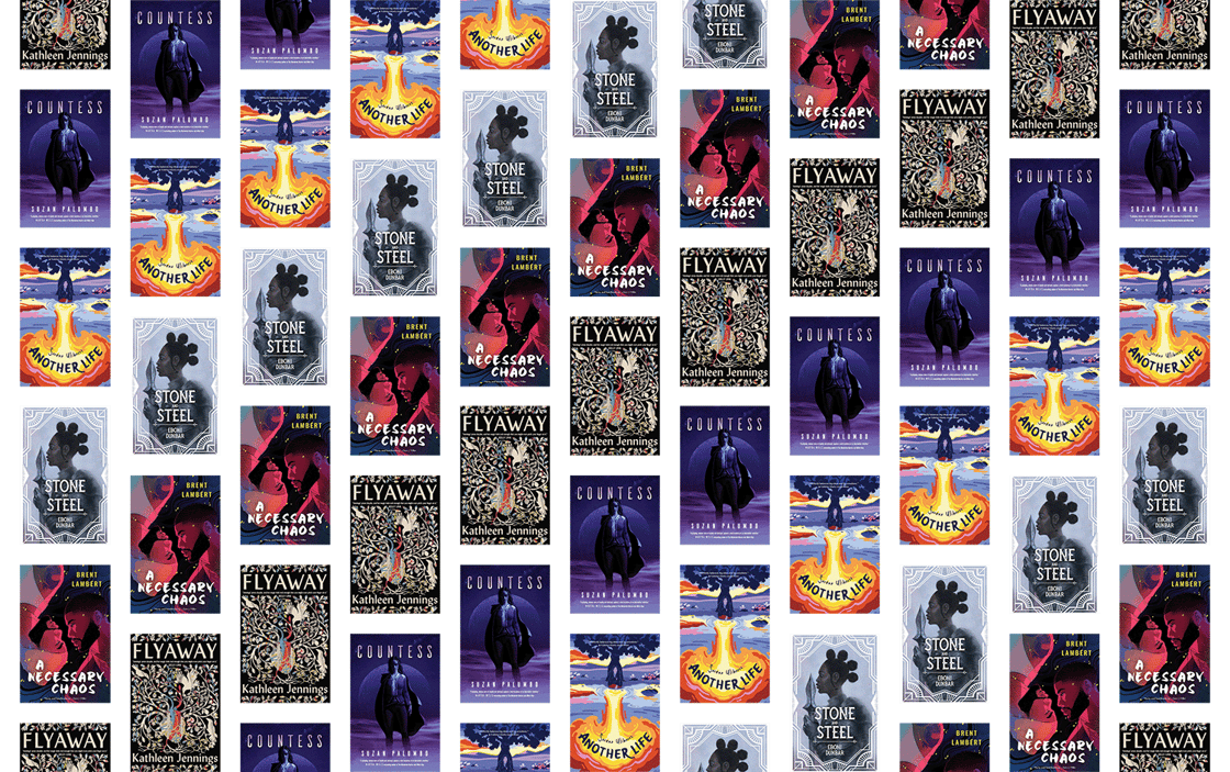 Collection of covers of 5 SFF novellas, including A Necessary Chaos and Flyaway