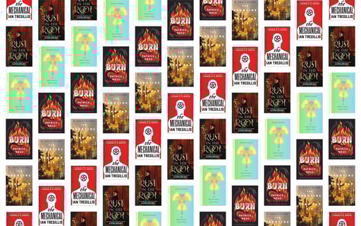 A collage of book covers, such as Rust in the Root and Burn
