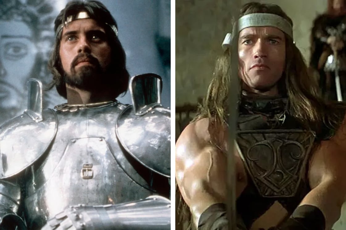 Images of Nigel Terry as King Arthur in Excalibur (1981) and Arnold Schwarzenegger as Conan in Conan the Barbarian