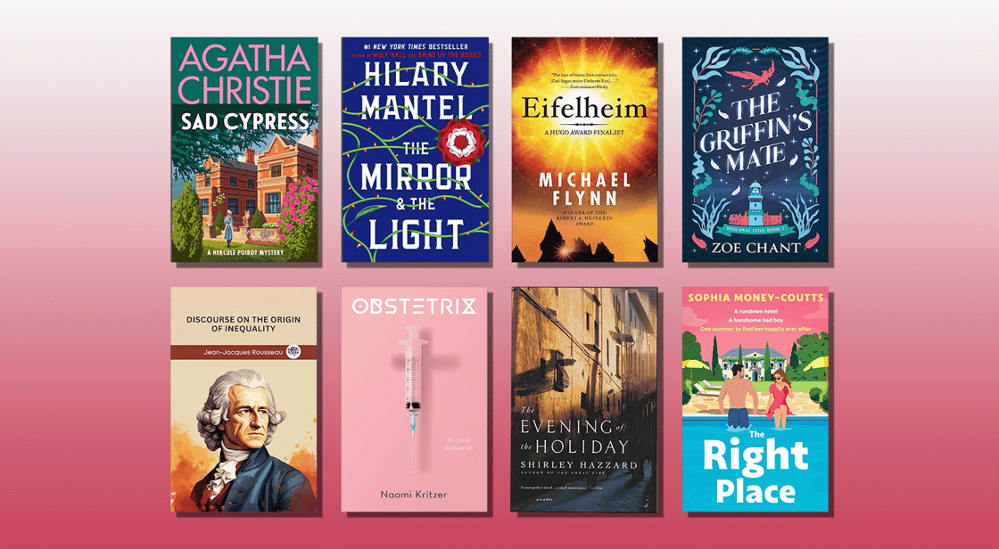 A collage of book covers, including Eifelheim, The Right Place, and The Mirror &amp; The Light