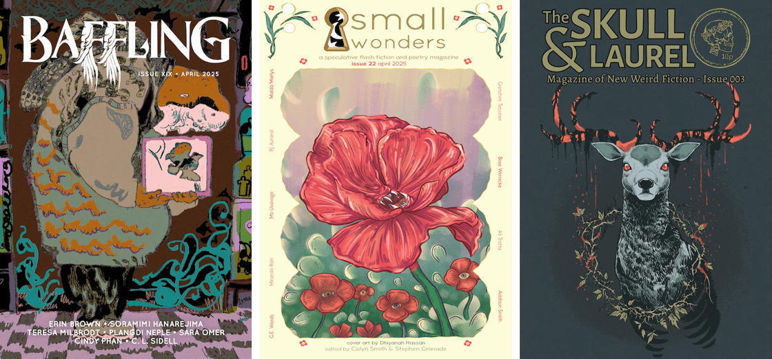 Magazine covers for Baffling, Small Wonders, and The Skull &amp; Laurel