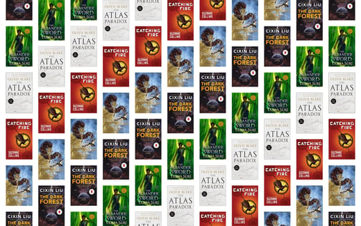 A collage of books including The Atlas Paradox, Catching Fire, The Dark Forest, etc. 