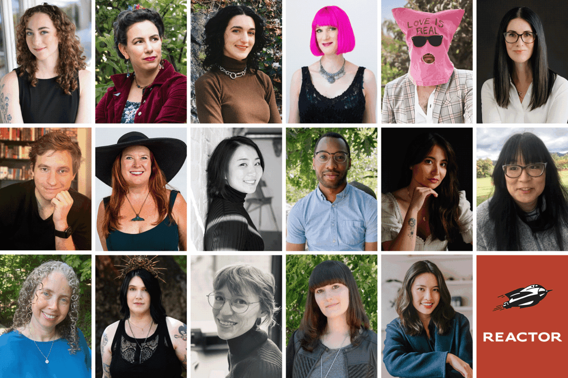 A collection of 17 author headshots, including Amal El-Mohtar, Chuck Tingle, Marie Lu, Evan Leikam, etc.