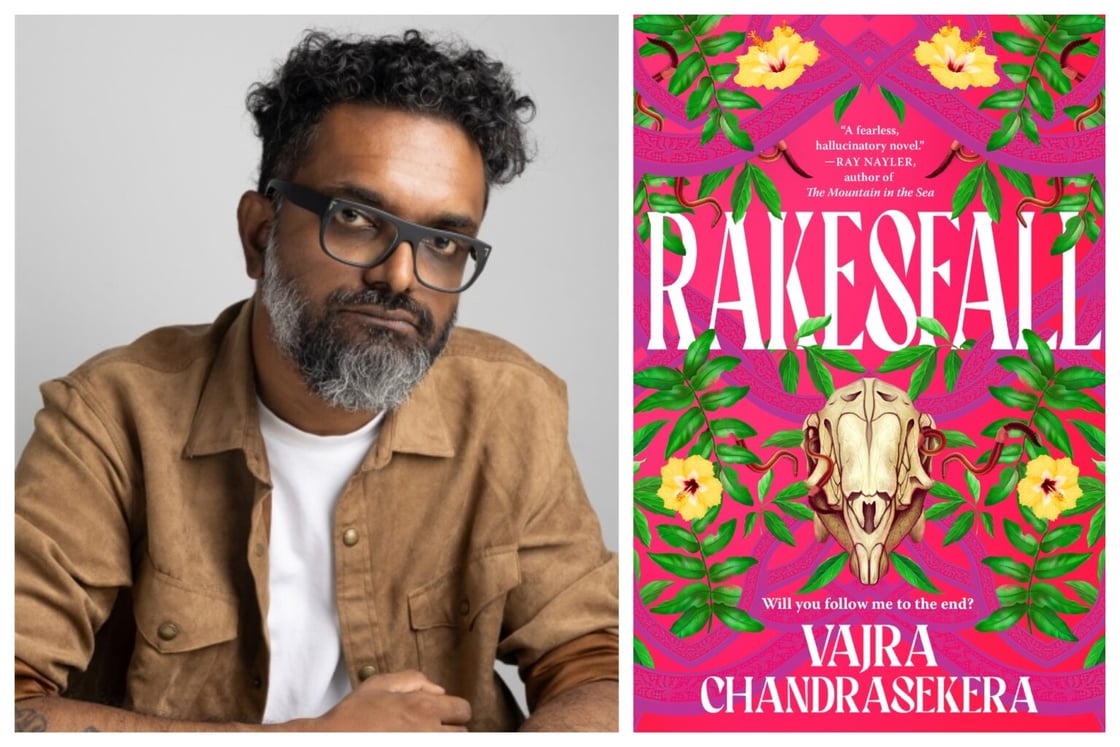 Vajra Chandrasekera next to the cover of his book Rakesfall