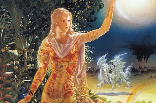Detail from the cover of Tanith Lee's Biting the Sun; art by Kinuko Y Craft