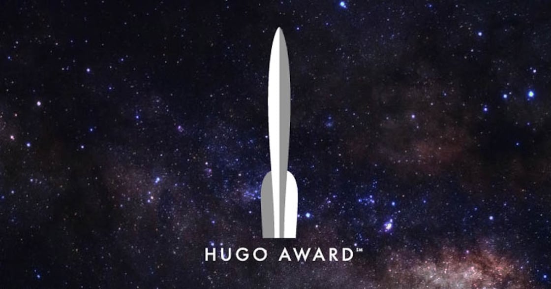 Logo of the Hugo Awards against a background photo of space