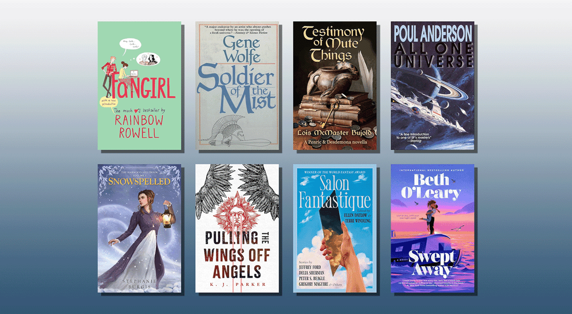 A collage of book covers, including Soldier of the Mist, Fangirl, and Swept Away