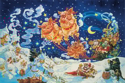 Art from the cover of Hogfather by Terry Pratchett, depicting wild hogs pulling a sleigh through the night sky above a wintry landscape; illustration by Josh Kirby