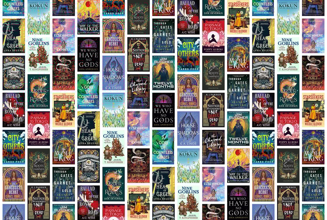 A collage of new fantasy books, including Twelve Months, Graceless Heart, and Ballad of the Bone Road