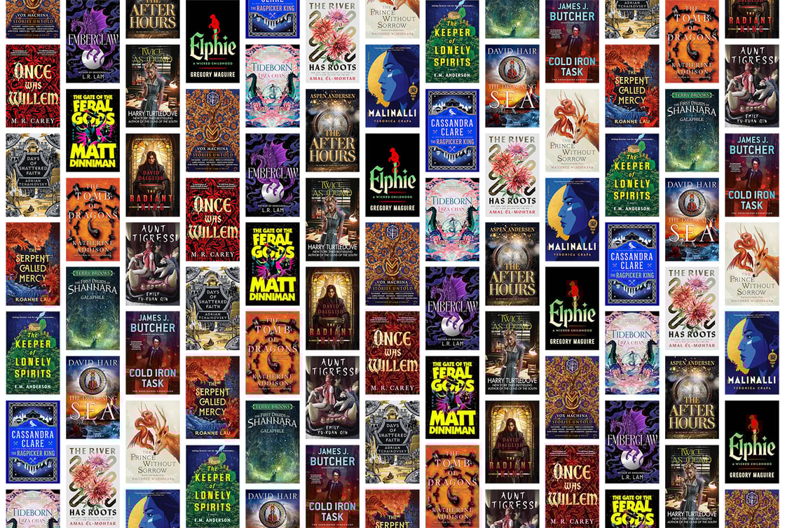 A collage of fantasy book covers, including Elphie, The River Has Roots, and Once Was Willem