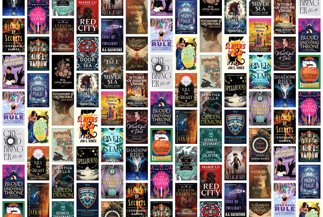 A collage of fantasy book covers, including Cry, Voidbringer and The Door on the Sea