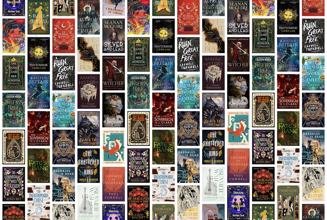 A collage of book covers, including Fate's Bane, The Shattered King, Audition for the Fox, and The Burial Witch