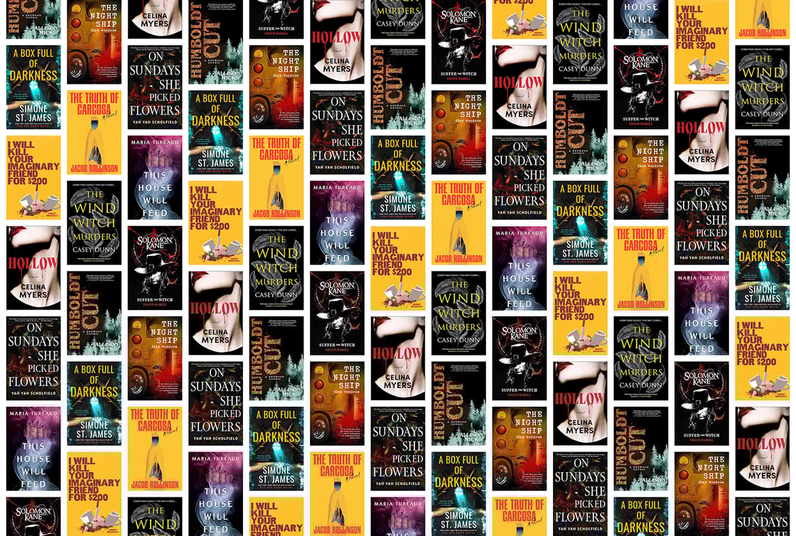 A collage of horror covers, including The Wind Witch Murders, The Truth of Carcosa, and On Sundays She Picked Flowers