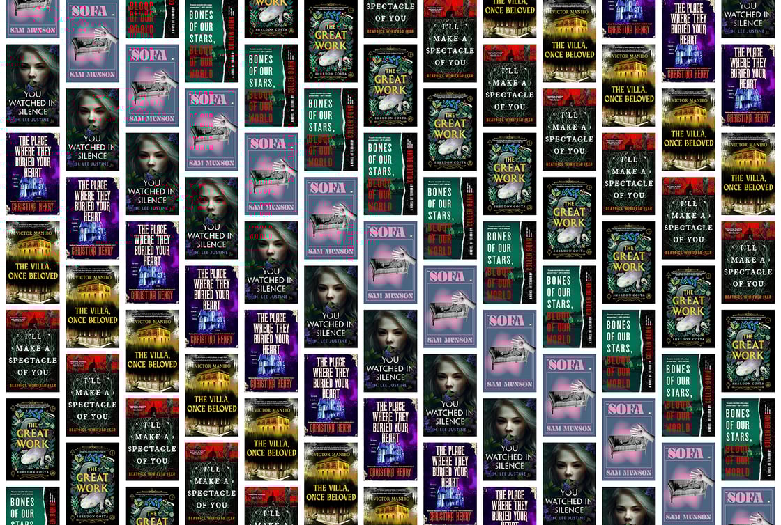 A collage of book covers, including The Great Work, The Sofa, and The Villa, Once Beloved