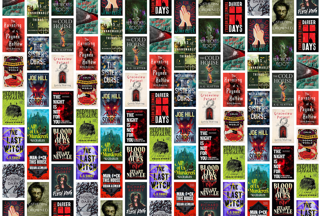 A collage of horror books including Herculine and The Graceview Patient