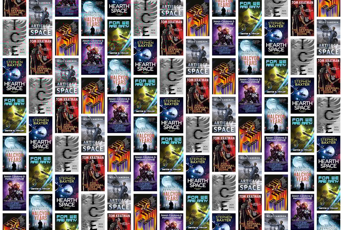 A collage of book covers, including Ice, Hearth Space, and For We Are Many