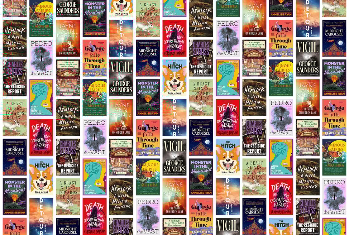 A collage of new book covers, including Vigil, Pedro the Vast, and A Beast Slinks Towards Beijing
