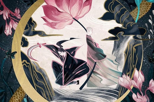 A small part of the cover for Zen Cho's The Order of the Pure Moon Reflected in Water showing two figures, one dark and one pale, within a golden circle