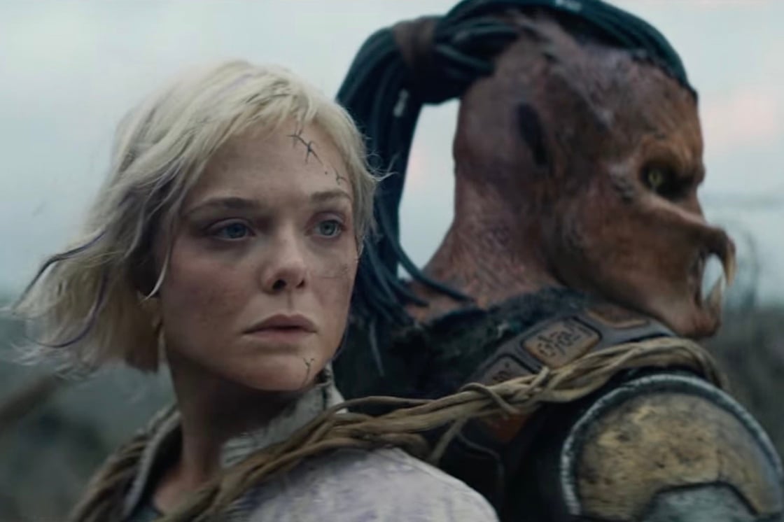 Elle Fanning and Dimitrius Schuster-Koloamatangi in Predator: Badlands