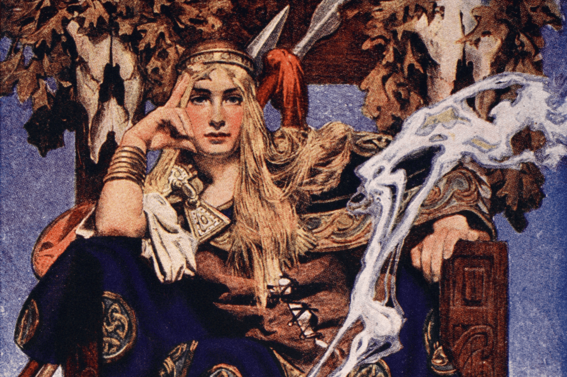 A woman in rich cloth and a helmet sitting on a throne