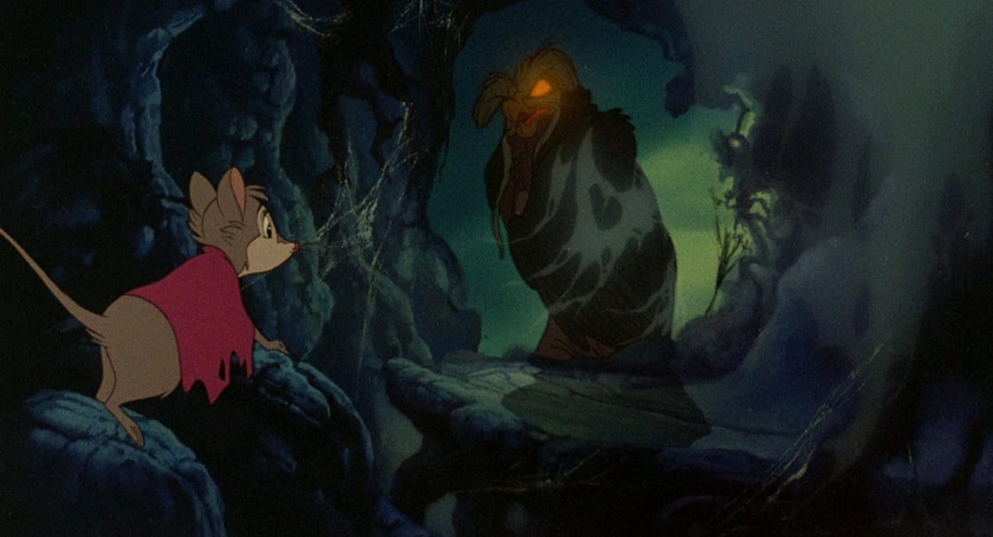 Mrs Brisby and the Great Owl in a scene from The Secret NIMH