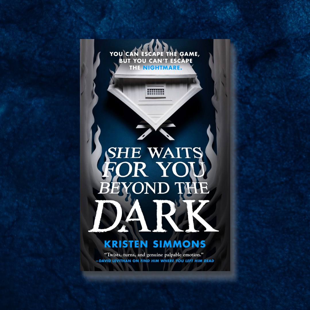 A designed graphic with a flat lay cover of She Waits For You Beyond the Dark by Kristen Simmons.