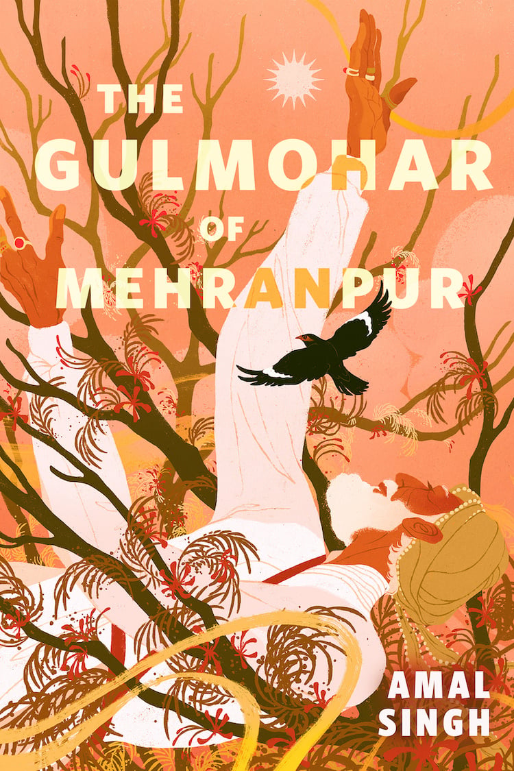 A bearded man wearing a turban and loose white clothing falls backwards into a flowery thicket. A black bird flies over him. The story's title and author overlay the image in large blocky font.  